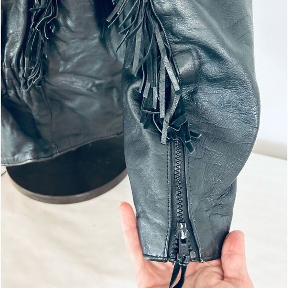 Unik Black Cropped Leather Jacket with Fringe, Harley Patches size Large - Picture 12 of 15